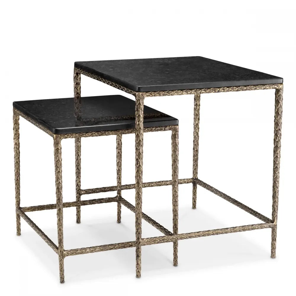 Set 2 masute laterale Patrate din Aluminiu Alama si Granit Negru L50/60xl40/50cm Ferndale Eichholtz
