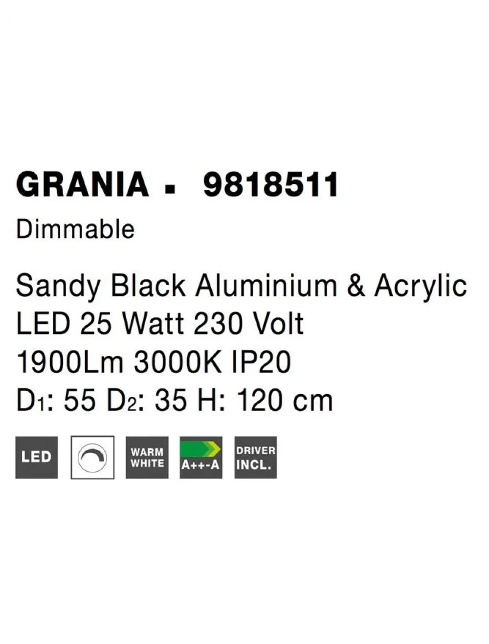 Lustra din Aluminiu Negru H120xL55cm IP20 25W 1900lm 3000k GRANIA