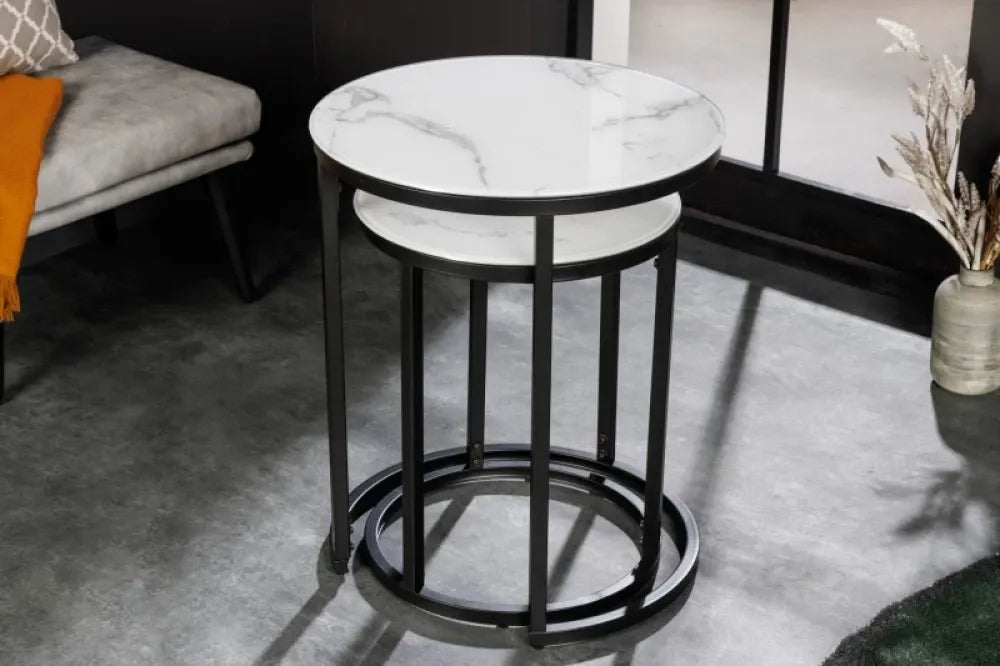 Set 2 Masute de colt Rotunde din Sticla securizata Alba si Metal Negru D40-50xH50-60cm Elegance