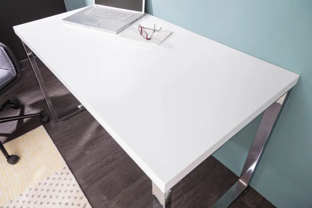 Birou din MDF Alb lucios si Metal Argintiu L120xH75cm White