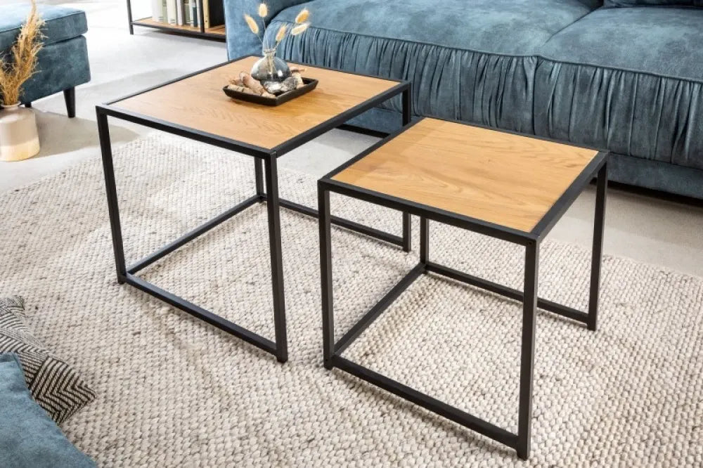 Set 2 masute laterale Patrate din Lemn stratificat Maro si Metal Negru L40/50xH40/45cm Slim