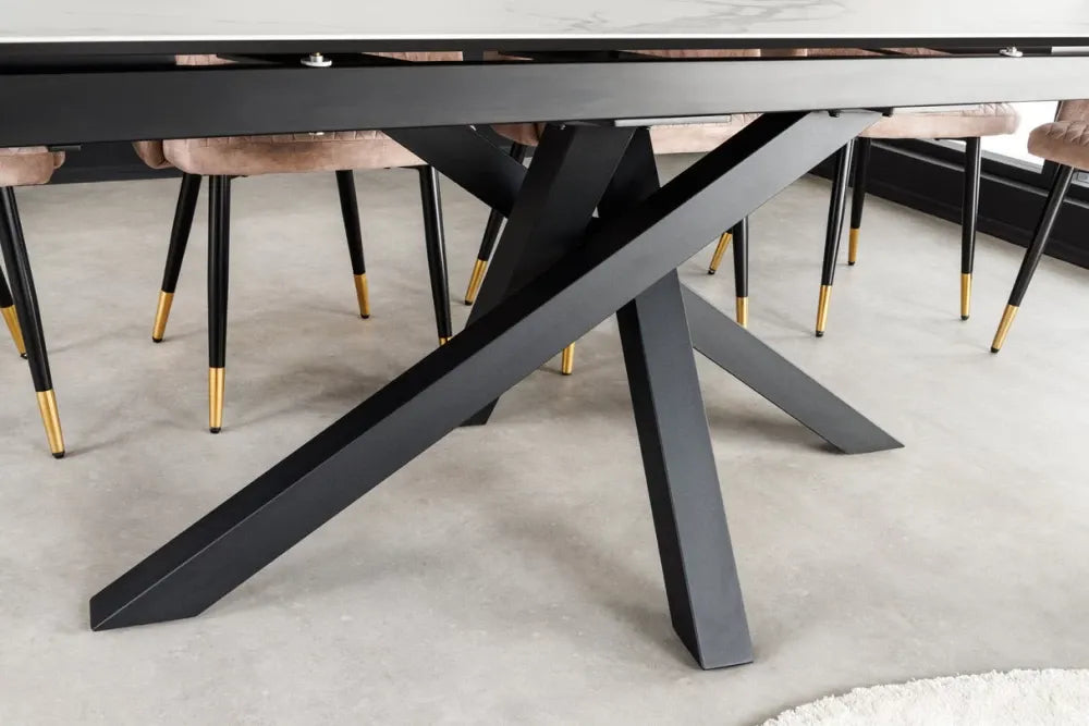 Masa din Sticla securizata/Ceramica Alb cu efect de marmura si Metal Negru L180-220-260xH76cm Marvelous
