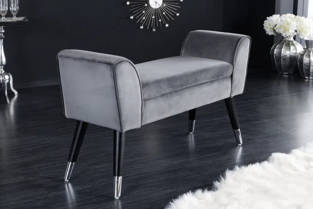 Bancheta din Lemn/Metal Negru/Argintiu si Catifea Gri H56xL90cm Scarlett