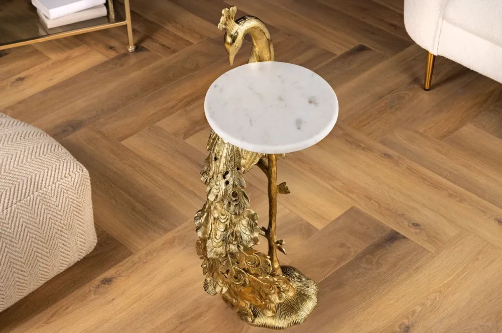 Masuta laterala din Marmura Alb si Metal Auriu L33xH75cm Wildlife peacock
