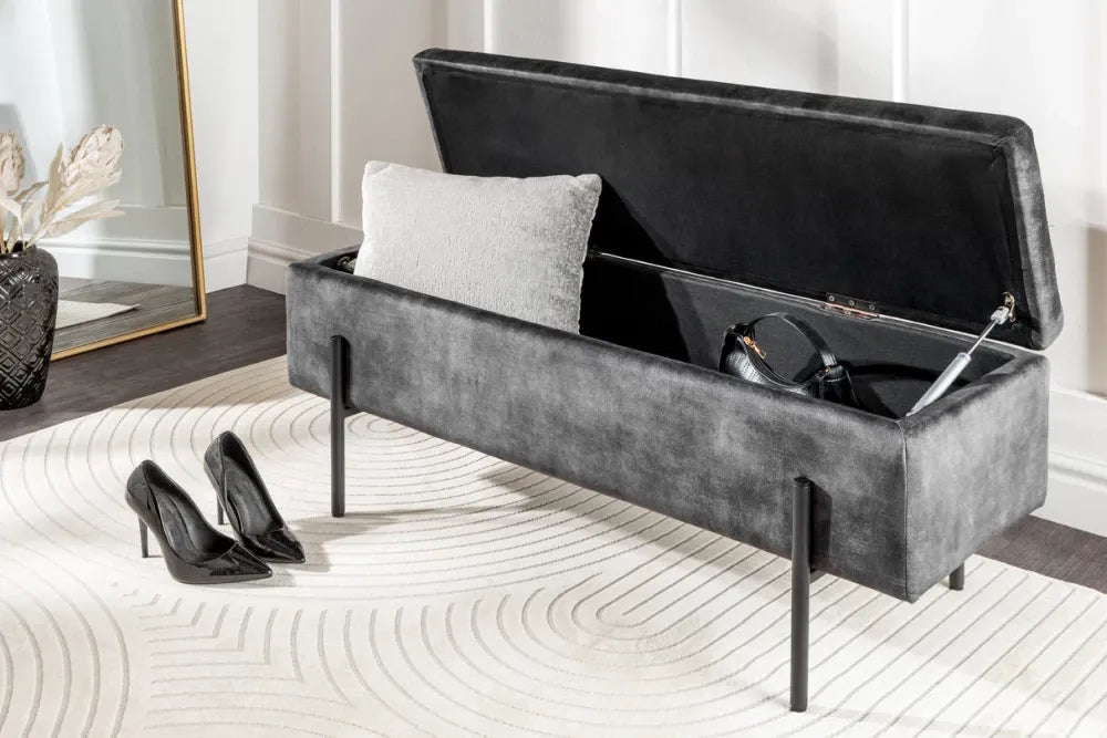 Bancheta cu spatiu de depozitare din Metal Negru si Catifea Gri H46xL100cm Loft