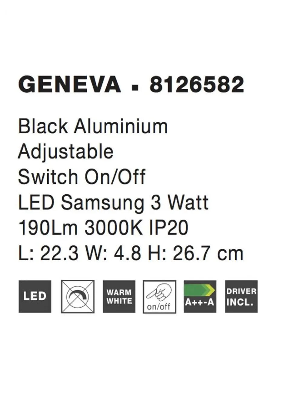 Aplica de perete din Aluminiu Negru H26.7xL22.3cm IP20 3W 190lm 3000k GENEVA