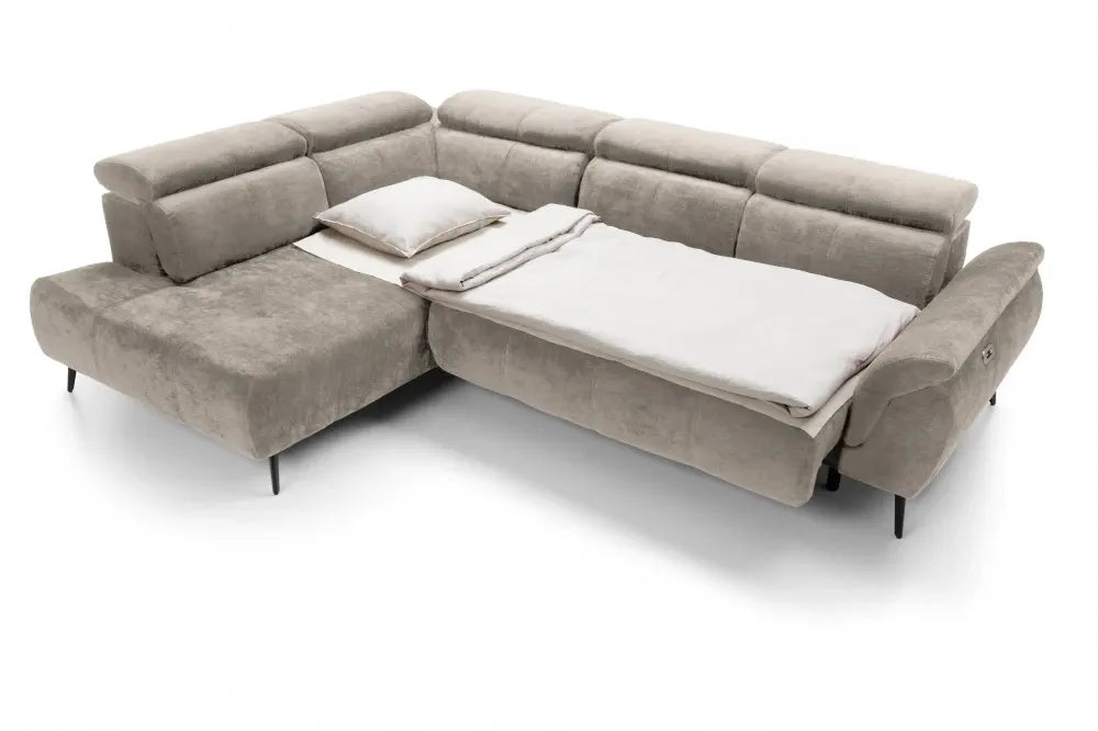 Coltar extensibil electric tapitat cu Chenille Bej cu lada depozitare Genova II