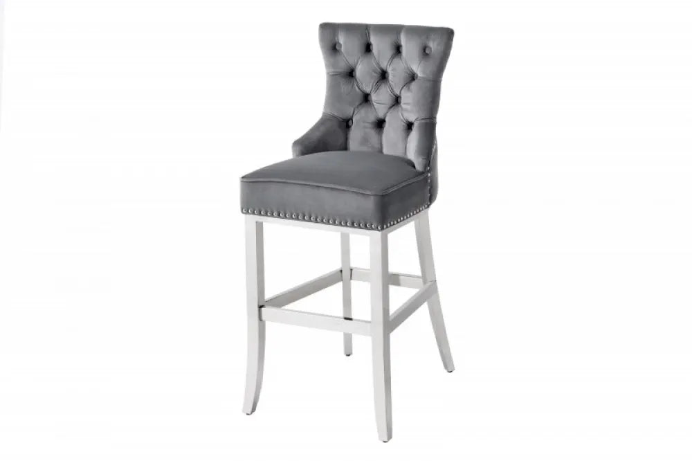 Scaun de bar tapitat cu Catifea Gri cu picioare din Otel inoxidabil Argintiu H116xL51xA60cm Castle Deluxe