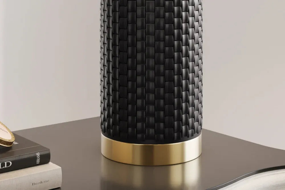 Veioza din Ceramica/Metal Negru/Auriu si Textil Alb D40xH70cm ELEGANCIA