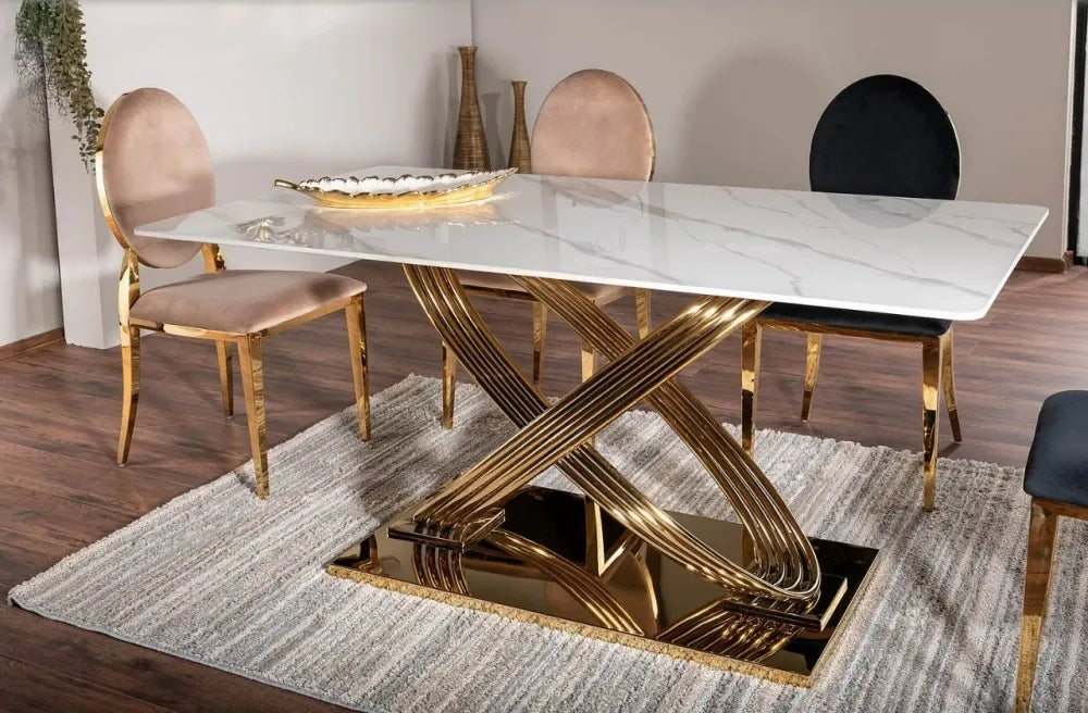 Masa cu blat din Ceramica cu efect de marmura Alb cu baza din Otel inoxidabil Auriu L160x75cm Hermes