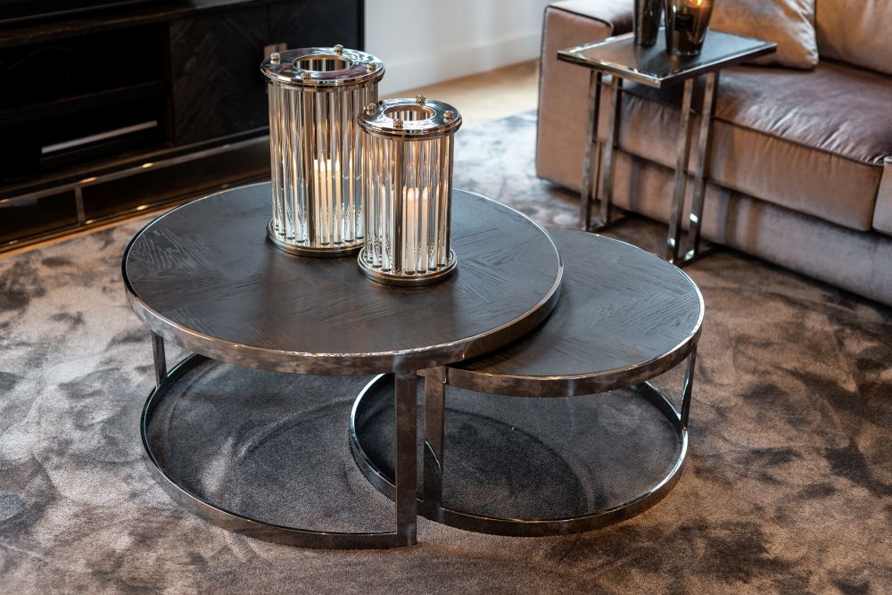 Set 2 masute de cafea rotunde din Lemn de stejar si Otel inoxidabil Negru/Argintiu Richmond Blackbone Silver