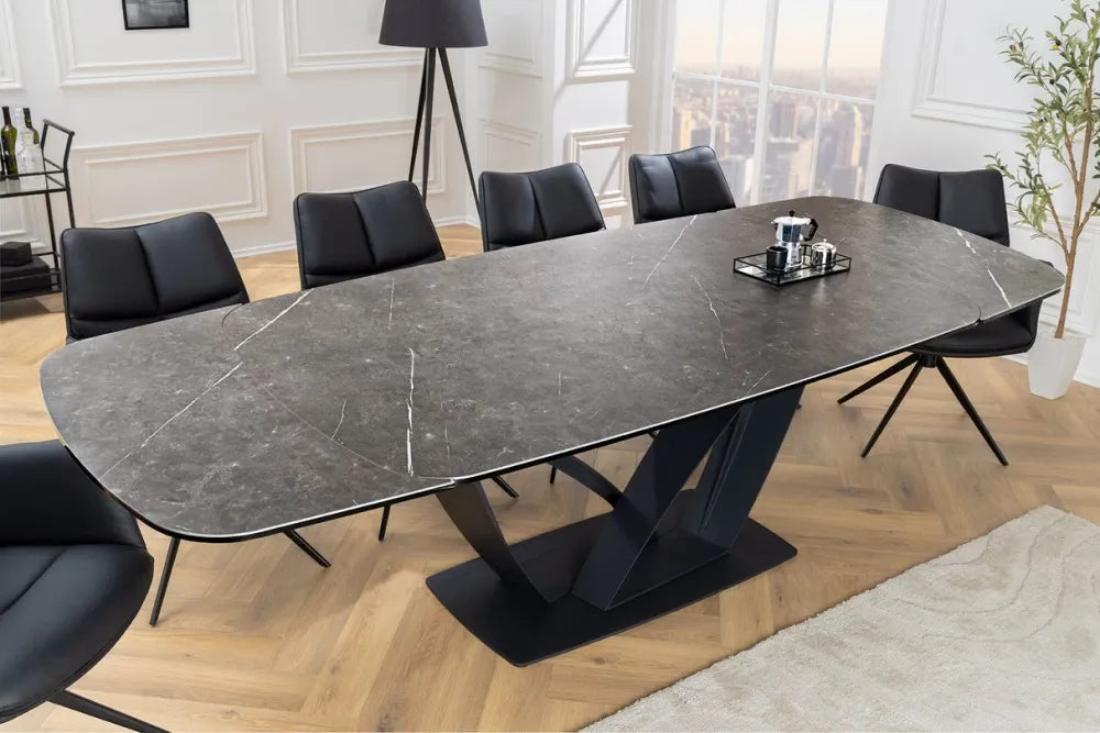 Masa din Sticla securizata/Ceramica Gri cu efect de marmura si Metal Negru L180-220-260xH76cm Papillon