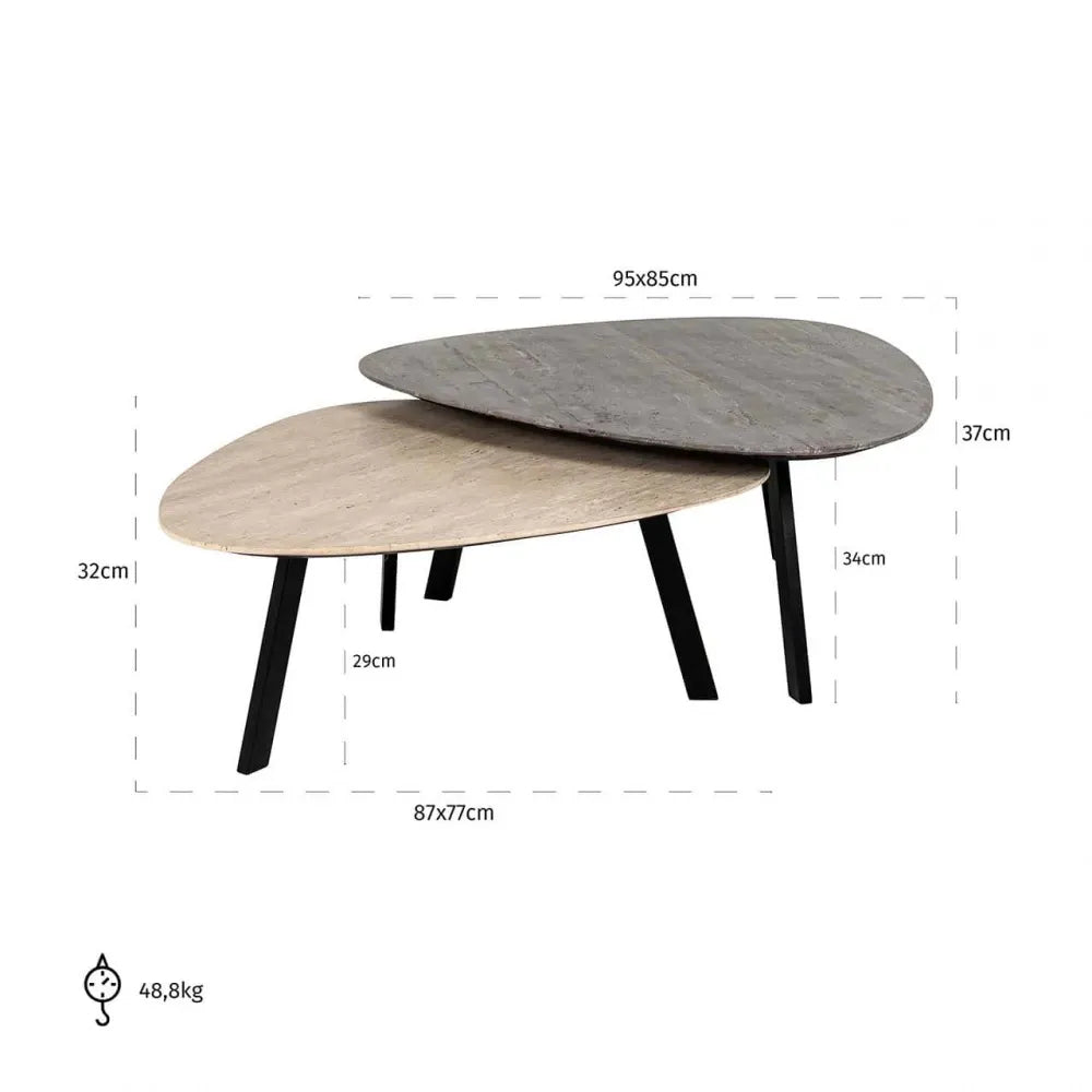 Set 2 masute de cafea Asimetrica din Travertin/Marmura Bej/Gri si Metal Negru L87/95xH32/37cm Spencer