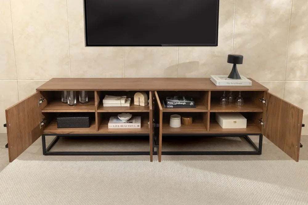 Comoda TV din MDF/Furnir de nuc Maro si Metal Negru L180xH60cm GRANDEZZA