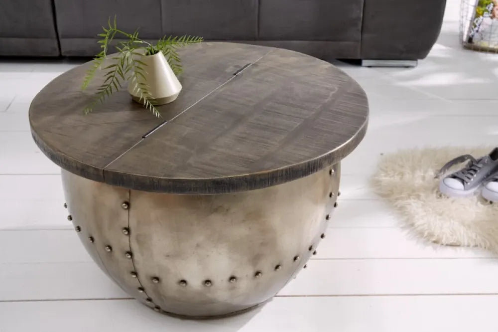 Masuta de cafea Rotunda din Lemn masiv de mango Gri si Metal Argintiu D68xH44cm Drum Storage