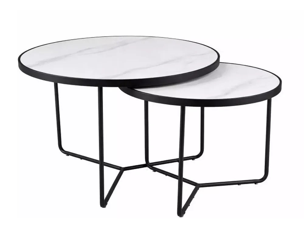 Set 2 masute de cafea din Metal Negru si Ceramica Alb mat D60/80xH45/50cm Italia