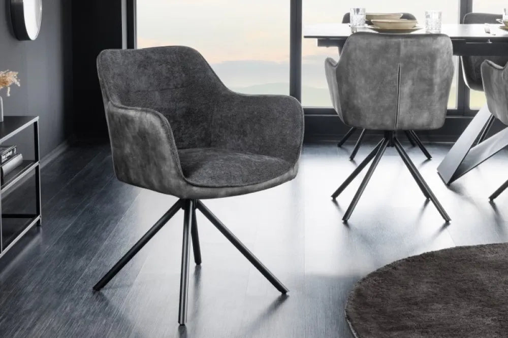 Set 2 scaune tapitat cu Stofa/Catifea Gri inchis cu picioare din Metal Negru H80xL58xA59cm Verona