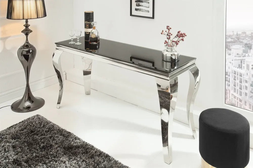 Consola din Sticla securizata Negru si Otel inoxidabil Argintiu L144xH75cm MODERN BAROCK