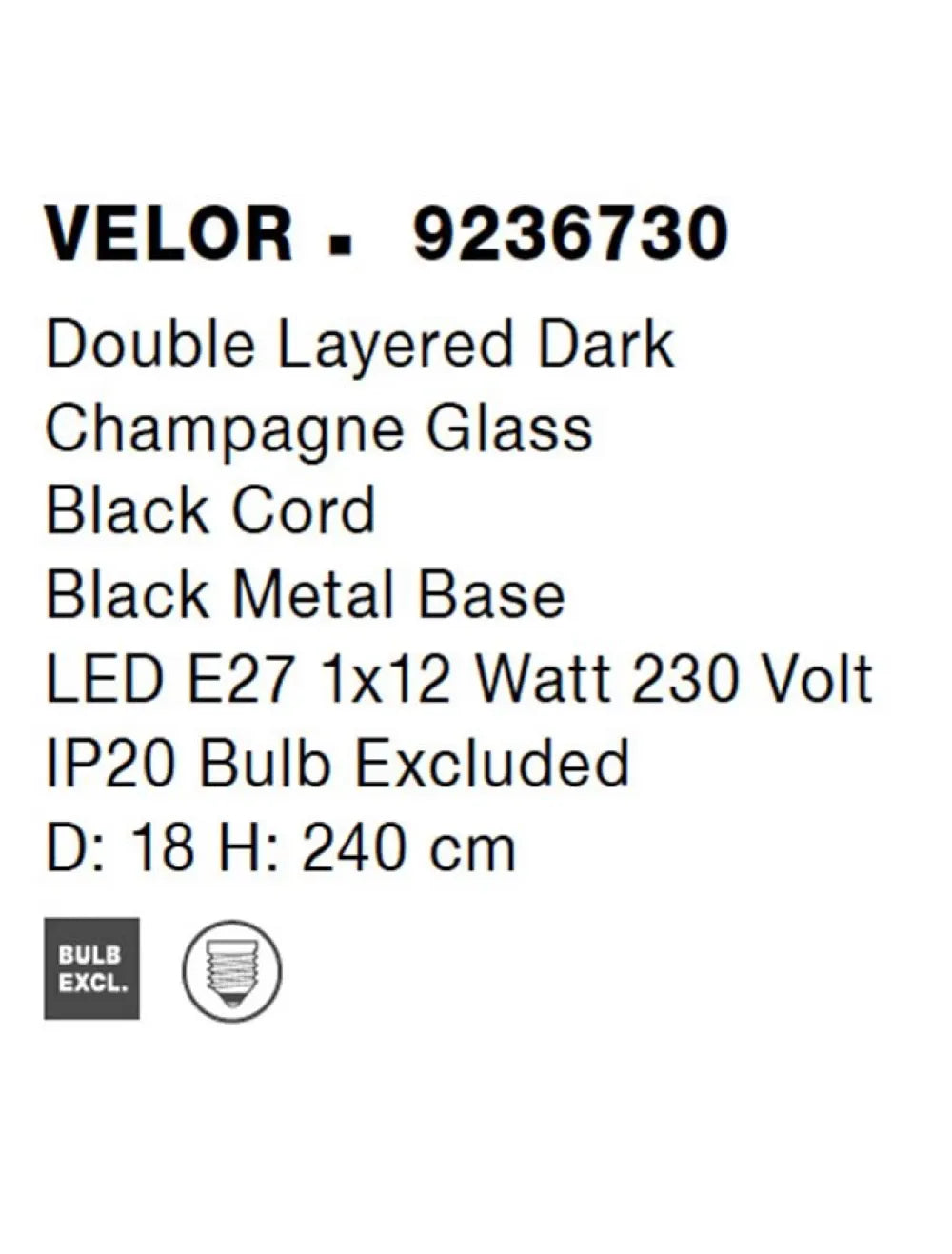 Pendul structura din Metal Negru si abajur din Sticla Auriu H240xL18cm IP20 VELOR