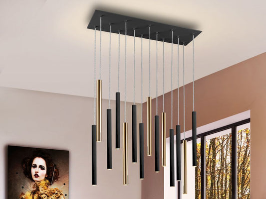 Lustra dreptunghiulara cu inaltime reglabila din Metal Negru/Auriu cu LED L82xH140cm Varas
