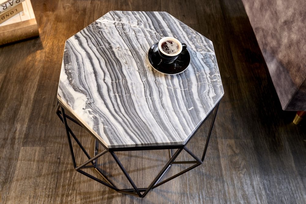Masuta de cafea Hexagonala din Marmura si Metal Gri/Negru L50xH50cm Diamond