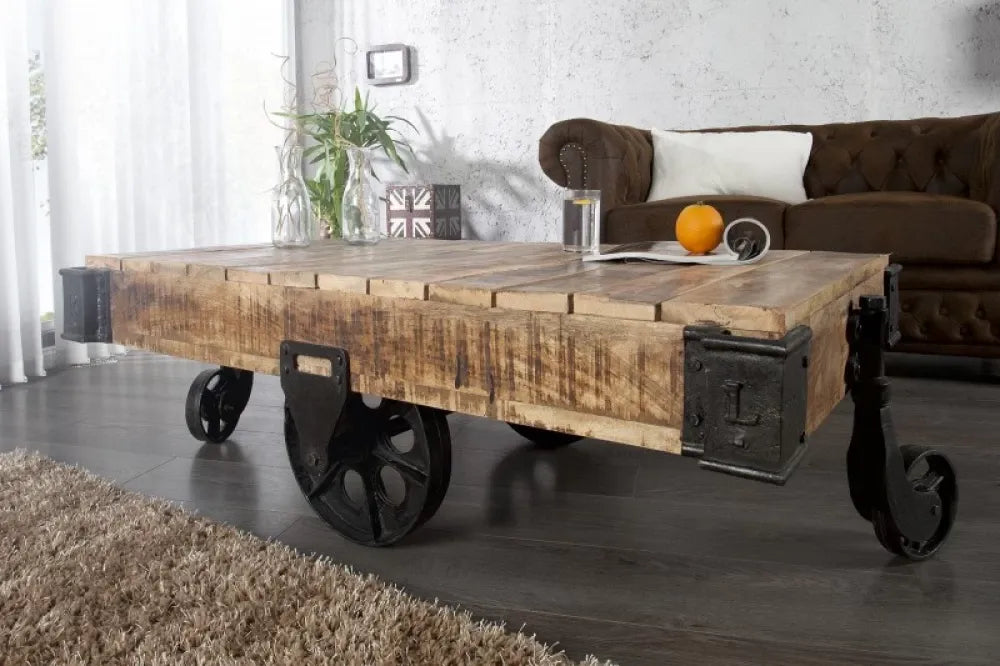 Masuta de cafea Dreptunghiulara din Lemn masiv de mango Maro si Metal Negru L160xH40cm Railway