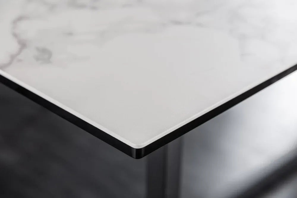 Masa din Sticla securizata/ceramica Alb cu efect de marmura si Metal Negru L200xH76cm Symbiose