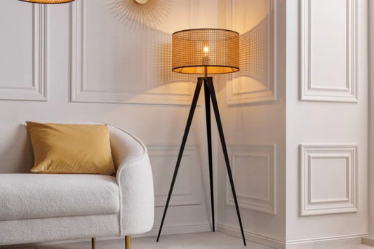 Lampa de podea din Metal Negru si Ratan Bej H141xD58cm Wiener