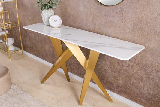 Consola din Ceramica Alb cu efect de marmura si Metal Auriu L140xH75cm ART LIVING
