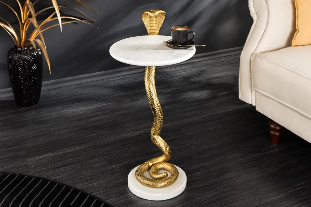 Masuta laterala din Marmura Alb si Metal Auriu L28xH63cm Wildlife cobra