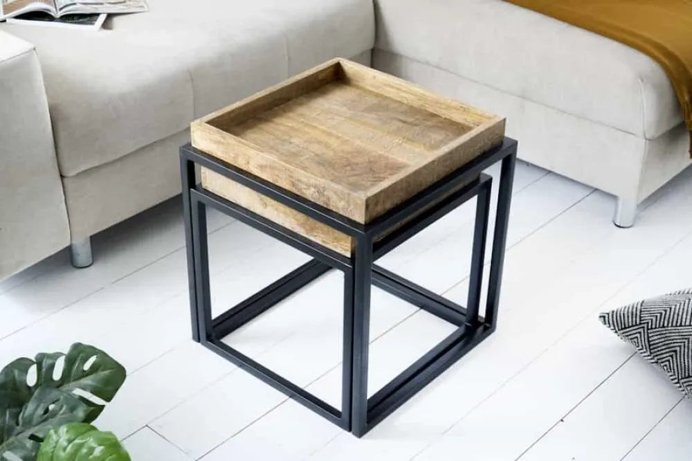 Set 2 masute laterale din Lemn de mango Maro si Metal Negru L42/45xH42/50cm Serviteur