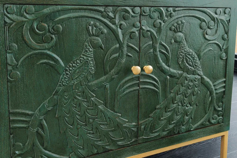 Comoda din Lemn de mango Verde si Metal Auriu L175xH76cm PEACOCK
