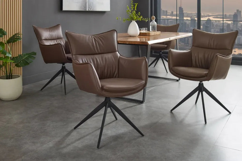 Set 2 scaune rotative tapitat cu Piele artificiala Maro si picioare din Metal Negru H92xL60xA64cm VOGUE