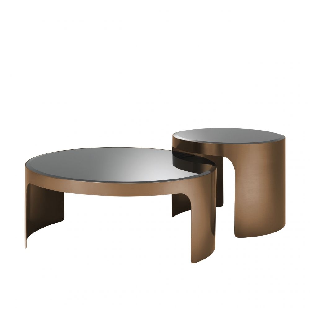 Set 2 masute de cafea Rotunde din Otel inoxidabil si Sticla securizata Maro/Negru D60/90xH38/47cm Piemonte
