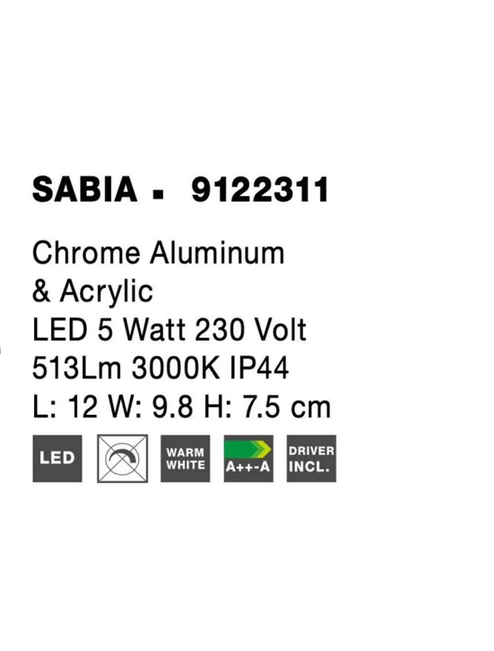 Aplica de perete structura din Aluminiu Argintiu si abajur din Acrilic Alb H7.5xL12cm IP44 5W 512lm 3000k SABIA