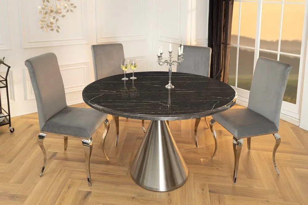 Masa din Marmura artificiala Negru si Metal Argintiu D130xH77cm Elegancia
