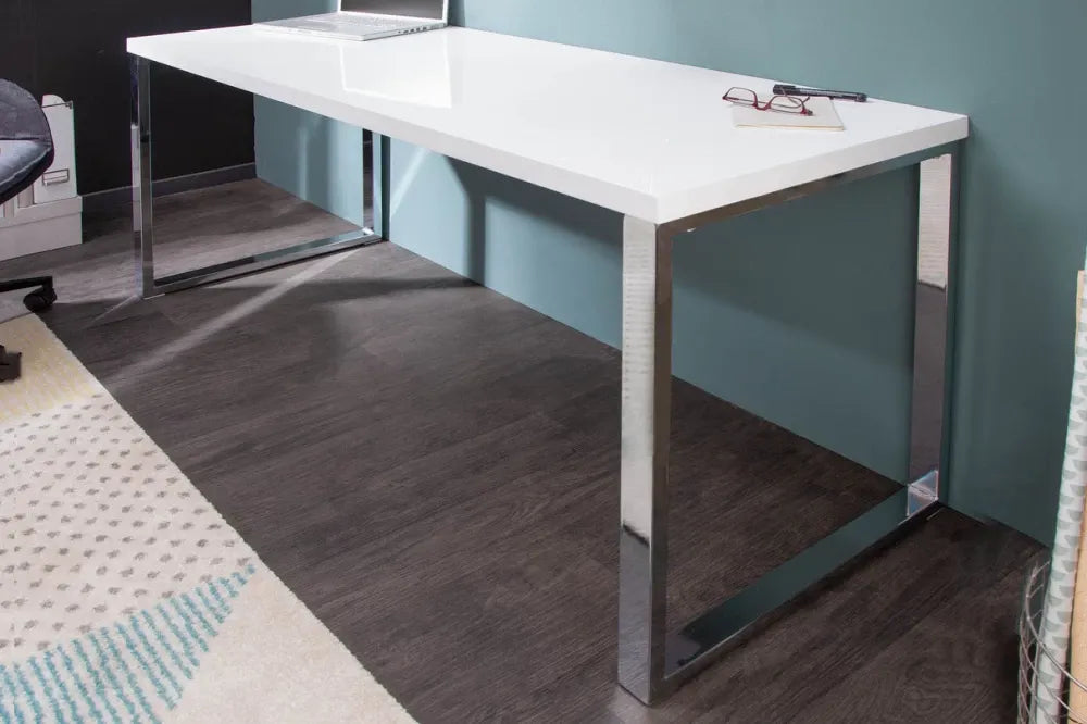 Birou din MDF Alb si Metal Argintiu L140xH75cm WHITE DESK