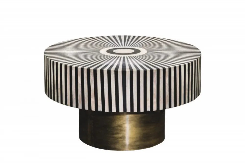 Masuta de cafea Rotunda din Polirasina Negru/Alb si Metal Auriu D60xH35cm Bone Inlay