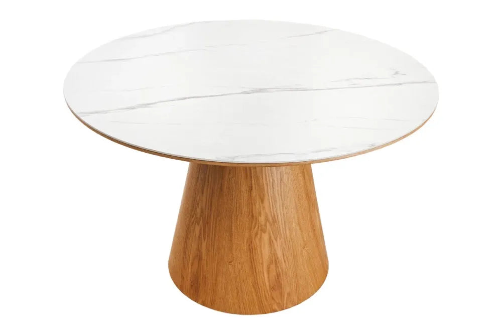 Masa din Ceramica Alb cu efect de marmura si Furnir de stejar Maro D120xH75cm Unique