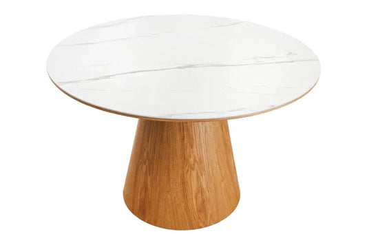 Masa din Ceramica Alb cu efect de marmura si Furnir de stejar Maro D120xH75cm Unique