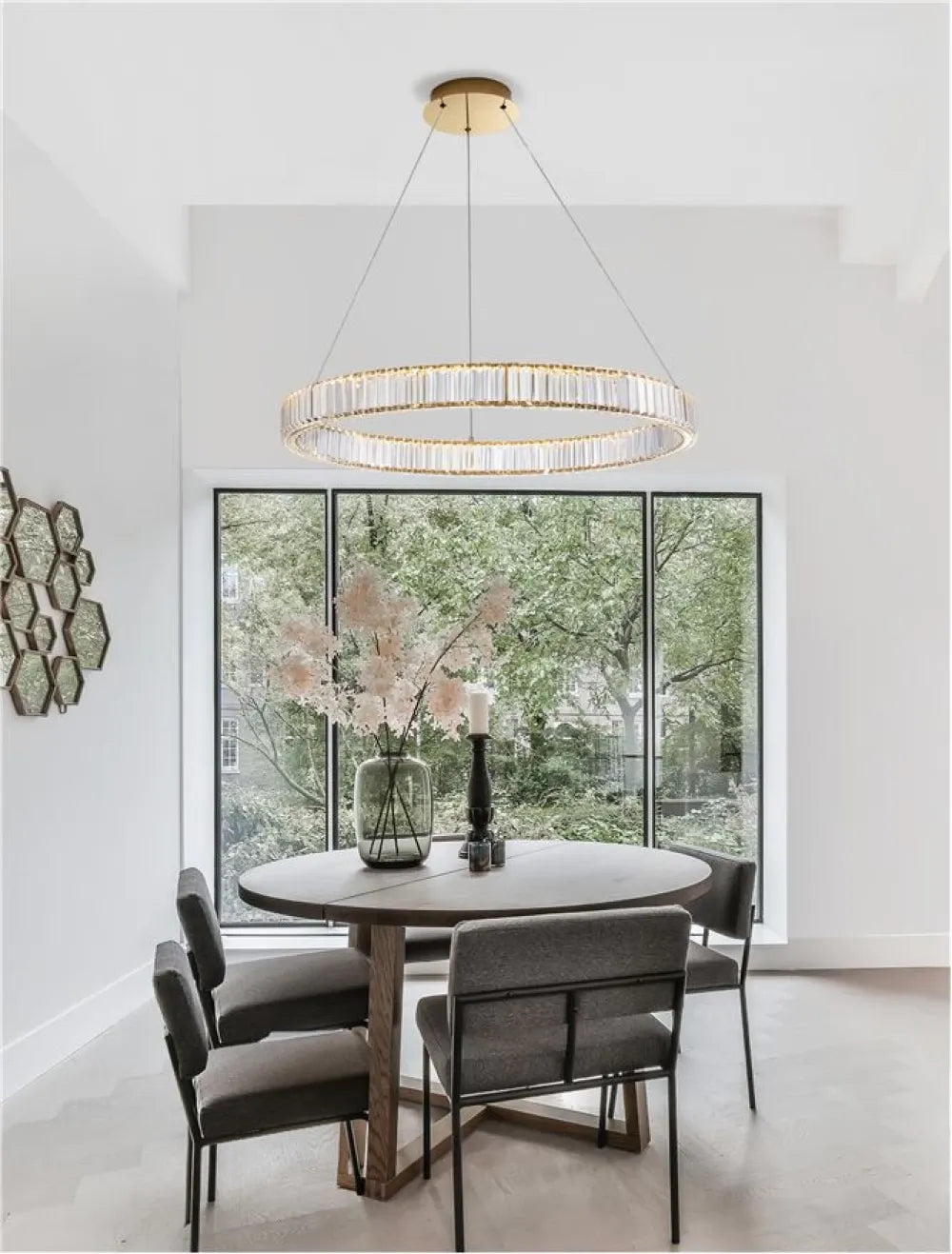 Lustra structura din Metal Auriu si abajur din Cristal Transparent H150xL80cm IP20 47W 4895lm 3500k AURELIA