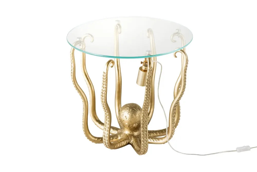 Masuta laterala cu iluminare din Sticla securizata Transparent si Polirasina Auriu L50xH46cm Octopus