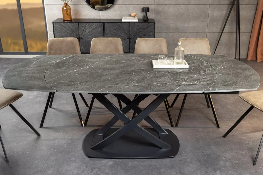 Masa extensibila din Ceramica Gri si Metal Negru L130-190xH75cm Inception