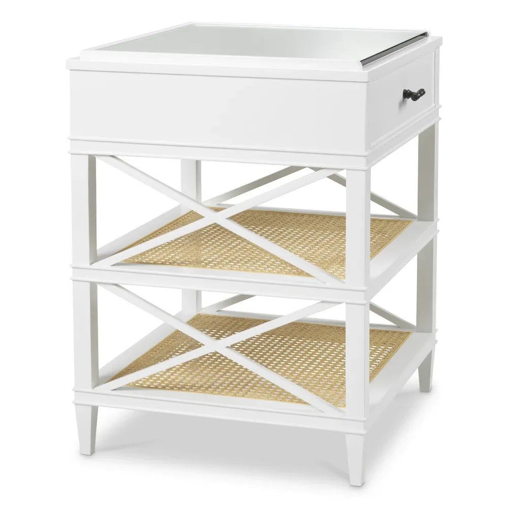 Noptiera din Sticla Transparent si Lemn de mahon/MDF Alb L60xH76cm Bahamas Eichholtz