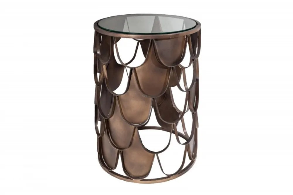Masuta laterala Rotunda din Sticla securizata Transparenta si Metal Alama antichizata D40xH54cm Abstract