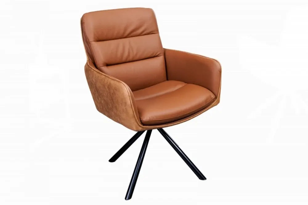Scaun rotativ tapitat cu Piele naturala/Microfibra Maro cognac cu picioare din Metal Negru H89xL58xA67cm Big George