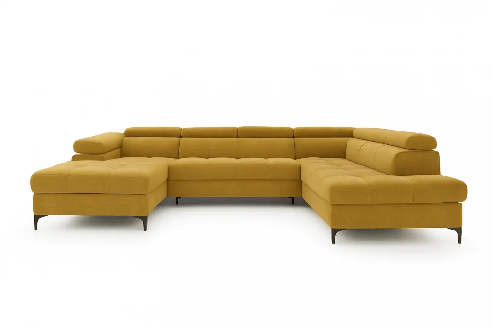 Coltar extensibil in forma de U si spatiu depozitare din catifea galben Ferruce III L344 x 202cm