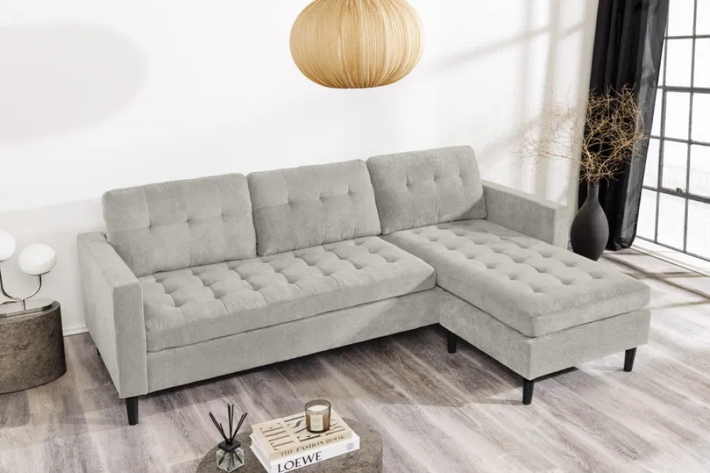 Coltar de 3 locuri tapitat cu catifea raiata Grej L220cm STOCKHOLM