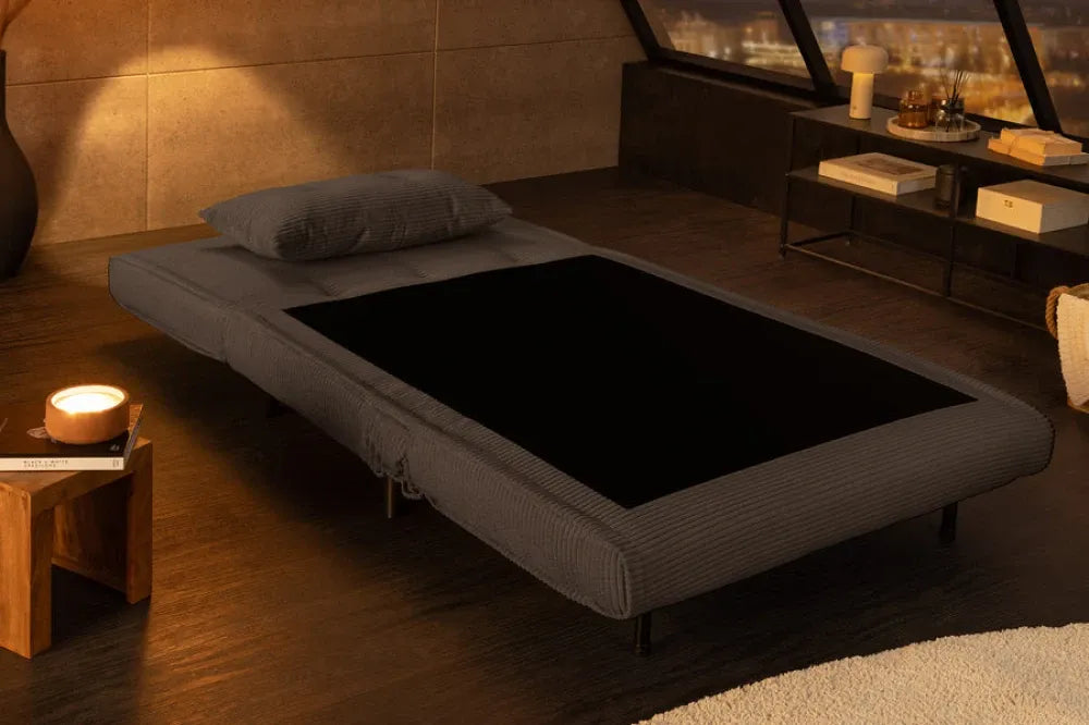 Fotoliu cu functie de dormit tapitat cu Raiat Gri si picioare din Lemn de pin Negru H82xL100xA91cm SMART MULTIFUNCTION