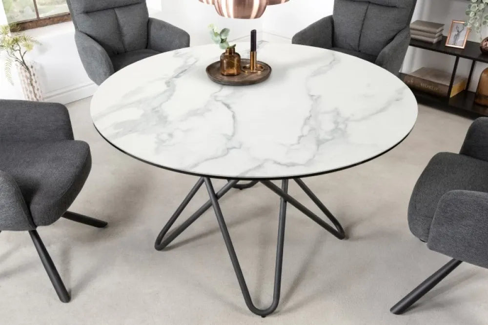 Masa Rotunda de 4 persoane din Ceramica Alb si Metal Negru D120xH76cm Circular